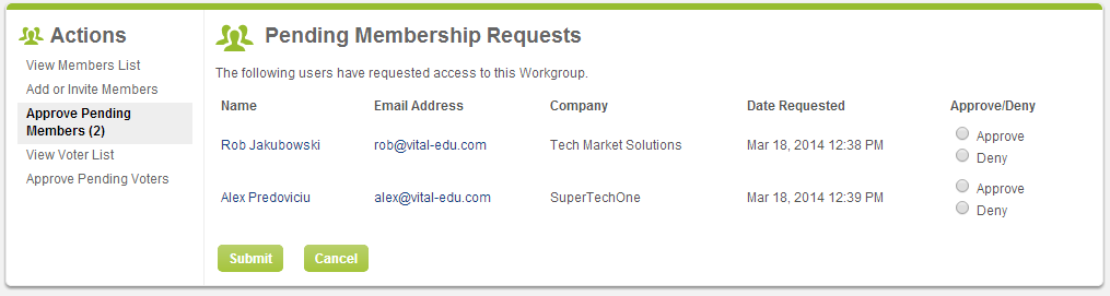 Screenshot of Pending Memberships page