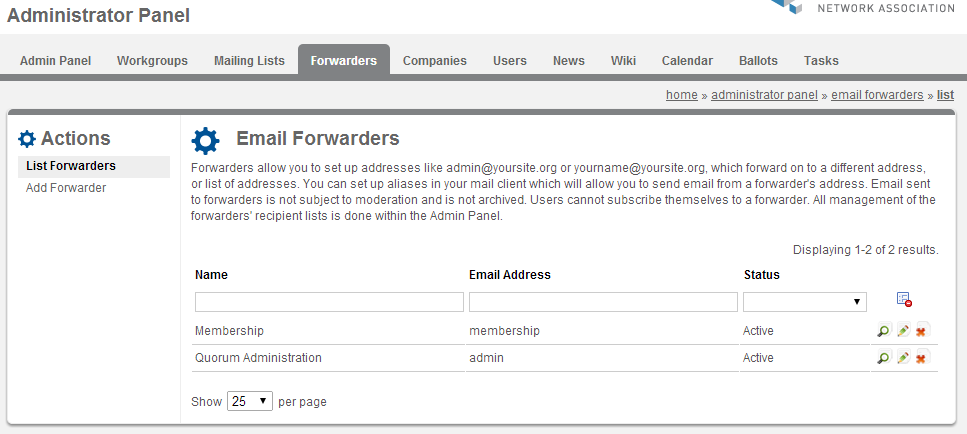 Screenshot of Forwarders page