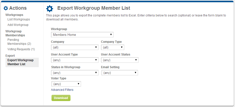 Screenshot of Export Workgroup Member page