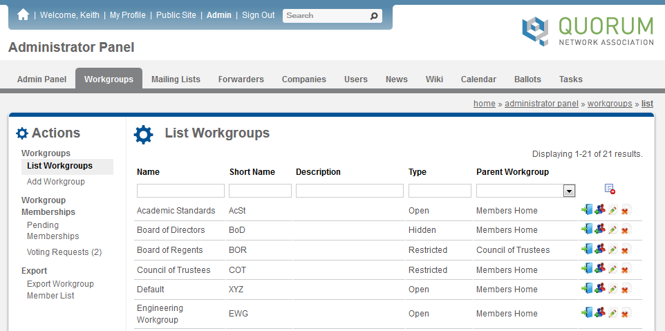 Screenshot of the Workgroups List page